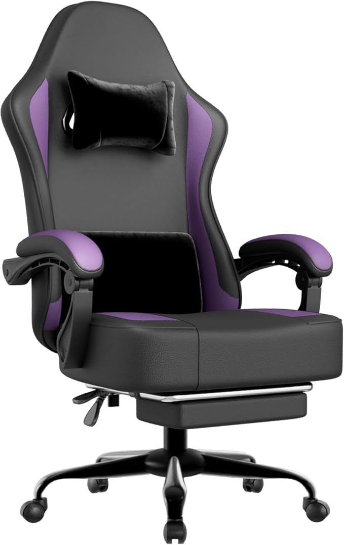 Gaming Chair with Pocket Spring Cushion and Footrest PU Leather Game Chair Adjustable Headrest Home Office Desk Chairs Comfortable Ergonomic Computer Chairs - Purple