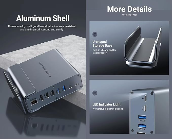 Vertical Laptop Docking Station 3 Monitors 15-in-1 USB C Dock Station Hub Triple Display with 2X 4K HDMI &amp 1x DP 10Gbps USB-C and USB-A 3.2 Data 100W PD Charging+Ethernet+SD/TF+Audio