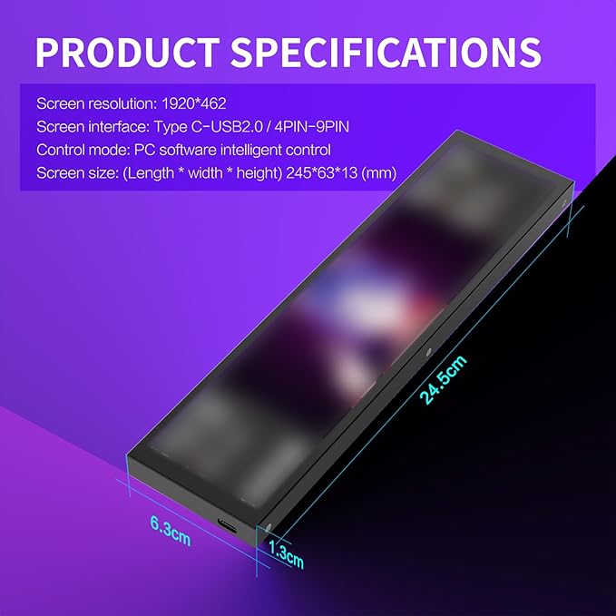 9.2 inch PC Case Side Screen Customizable Monitor Display for System Stats and Animated Themes USB Powered Supports Wallpaper GIF and Hardware Monitoring (Black)