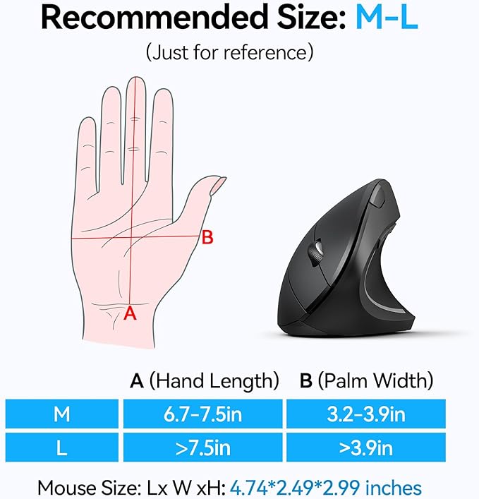 TECKNET Ergonomic Mouse Wireless Bluetooth Vertical Mouse 4800 DPI Optical Tracking 6 Adjustable DPI Quiet Clicks 2.4GHz with USB A Receiver 12 Months Battery 6 Buttons Wide Compatibility