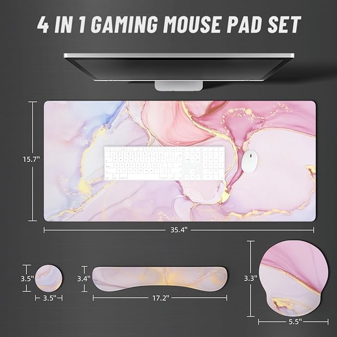 Ovenbird Mouse Pad Set 4-in-1 | Large Gaming Mousepad Keyboard Wrist Rest Mouse Wrist Support Coaster | Ergonomic Office Desk Mat Accessories for Women Men | 4PCS 35.4 x 15.7in Pink Marble