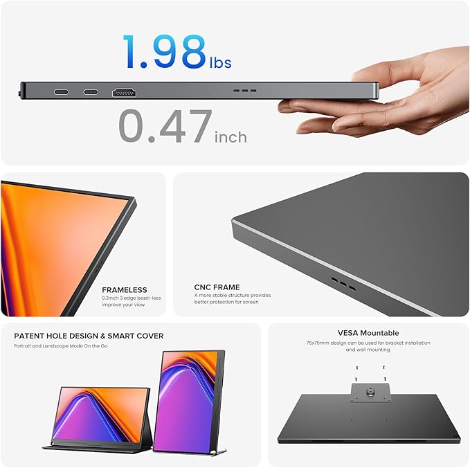 UPERFECT Portable Monitor 15.6” NxtLED™ Eye Care Laptop Monitor 125% sRGB 1080P Flicker-Free Low Blue Light Display USB-C &amp HDMI &amp VESA Travel Second Screen for Computer Mini PC Game Co
