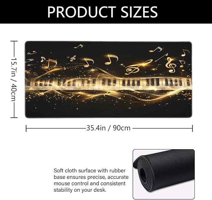 Gold Piano Music Note Large Mouse Pad Gaming Mousepad Desk Mat for Desktop Computer Keyboard Waterproof Mouse Mat Desk Pad with Non-Slip Base for Game School Office Home 35.4 x 15.7