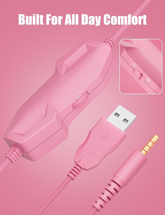 ZIUMIER Gaming Headset with Detachable Cat Ears Compatible with PS4 PS5 Xbox One PC Laptop Over-Ear Headphones with LED Light Noise Canceling Mic Stereo Surround Sound (Pink Cat)