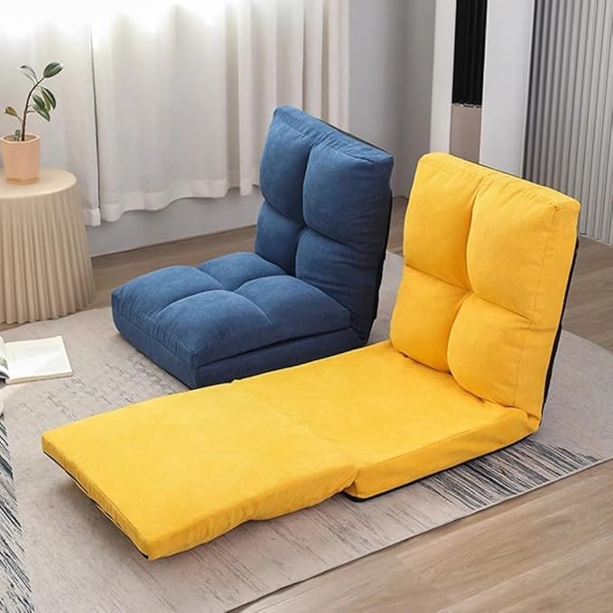 ELEFOCUS Adjustable 5-Position Folding Sofa Chair Padded Lazy Floor Recliner Bed for Gaming - Yellow Linen Lounge Sleeper Seat(Green)