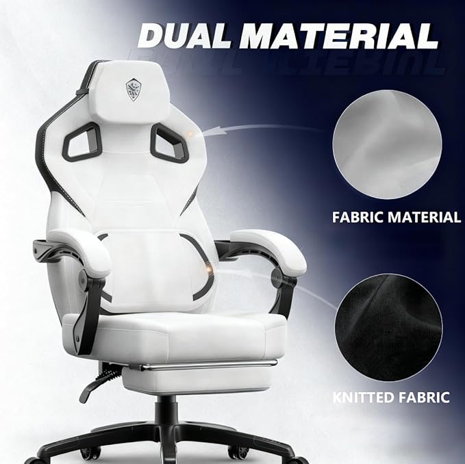 Dowinx Fabric Gaming Chair with Footrest and Massage Big and Tall Wide High Back Office Chair for Adults Computer Game Chair with Massage for 200lbs Grey