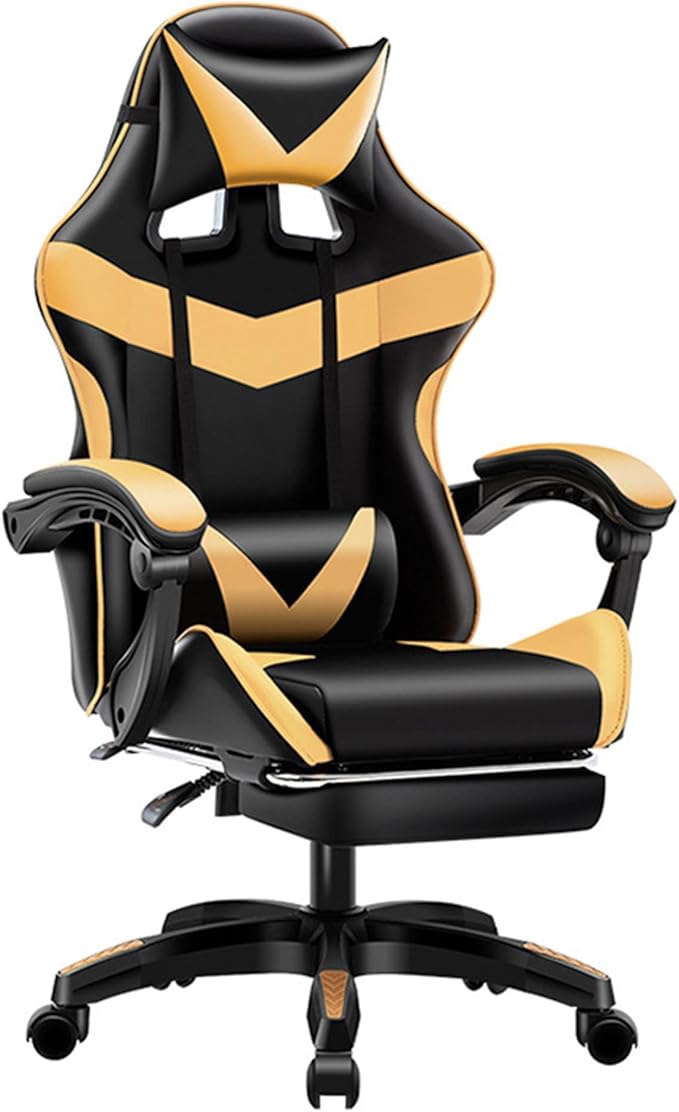 Video Game Chairs with Footrest Gamer Chair for Adults Leather Swivel Gaming Chair 350Lb Capacity Reclining Computer Chair with Headrest and Lumbar SupportGoldHeight 109119CM