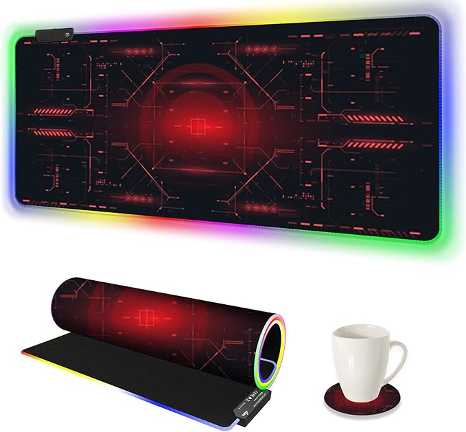 AIMSA Large Gaming Mouse Pad RGB Keyboard Led Mousepad Extended 35.4 x 15.8 inch Non-Slip Rubber Base with 14 Lighting Modes Desk Mat Red Circuit Board Motherboard