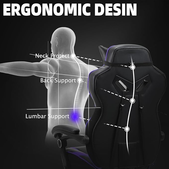 Vonesse Gaming Chair Big and Tall Gaming Chair with Footrest and Massage Gaming Chairs for Adults with Lumbar Support Ergonomic High Back Computer Chair with Pocket Spring Cushion (Purple/Black)