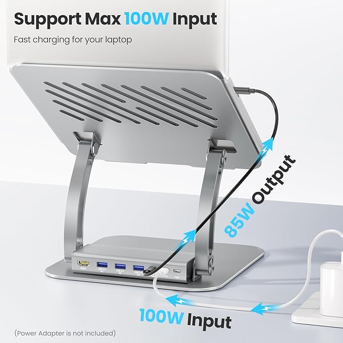 tounee Laptop Stand with Detachable USB-C Hub 100W PD Charging 4K@60Hz HDMI 3 USB Ports Ergonomic Laptop Holder Docking Station for 10-17 Laptops MacBook &amp More - Silver