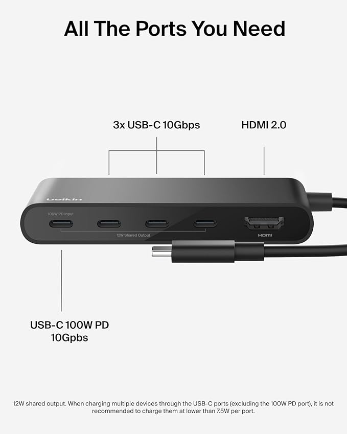 Belkin USB C Hub 5-Port Hub w/ 4K HDMI Display @ 60Hz 100W Power Delivery Fast Data Transfer 10Gbps USB C Multiport Adapter - Compatible with MacBook iPad Pro Chromebook &amp More