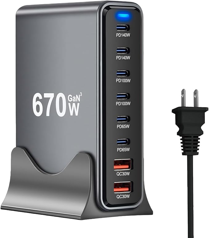 670W USB C Fast Charger Block 8 Ports GaN III USB Chagring Station Dual 140W PD PPS HUB for Multiple Devices Laptop Adapter Compatible with MacBook Pro/Air iPad iPhone Pro Max Galaxy Dell HP