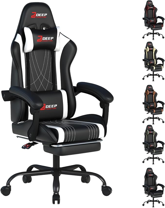 Ergonomic Gaming Chair with Footrest and Lumbar Massage Racing Office Chair High Back Computer Desk Chair with Headrest Pillow for Adults Video Game Chair for PC Gamer (1001-White)