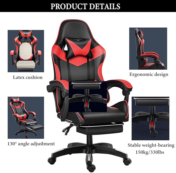GIZNXBA Gaming Chair with Footrest Ergonomic Computer Chair Lumbar Support Backrest and Seat Height Adjustable Swivel Recliner Racing Office High-Back Game Chair (Color : /Red)