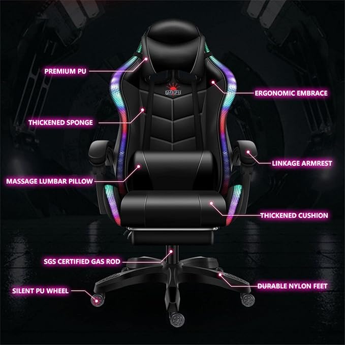 Gaming Chair Massage with Footrest RGB Gaming Chair with Speakers Video Game Chair with Headrest and Lumbar Support Backrest Adjustable Reclining Gamer Chair