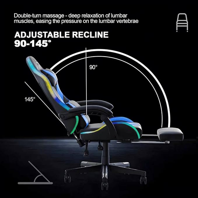 LED Gaming Chairs for Adults Tall and KidsLumbar SupportLED LightsHigh Back Reclining Computer Chair with Headrest(Blueblack)