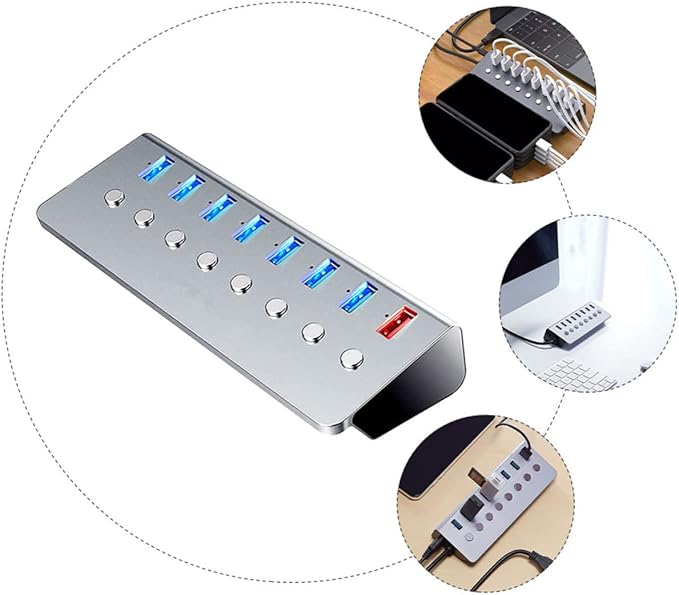 HOMSFOU 7-Port USB Hub Splitter 3.0 Independent Control USB Extender for Laptops and PCs Portable for Charging and Data Transfer