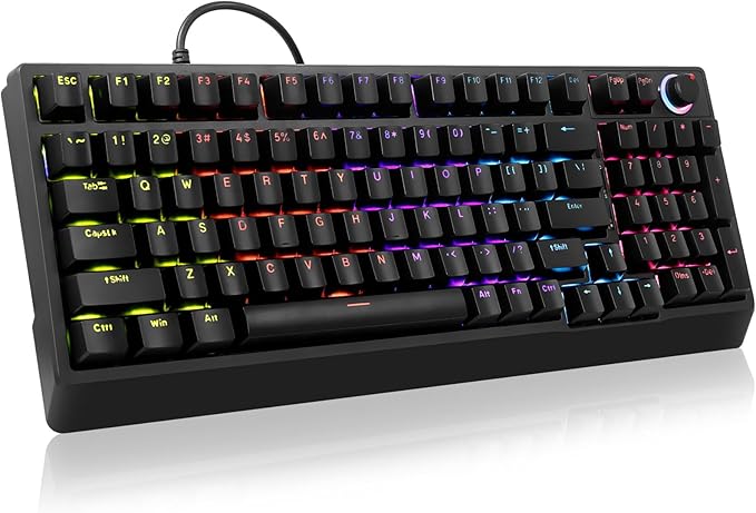 HUO JI Mechanical Gaming Keyboard Wired 17 LED Backlit Modes Liner Red Switch Volume Knob Anti-Ghosting Double-Shot Shine Through Keycaps 96% Light Up Keyboard for PC Mac