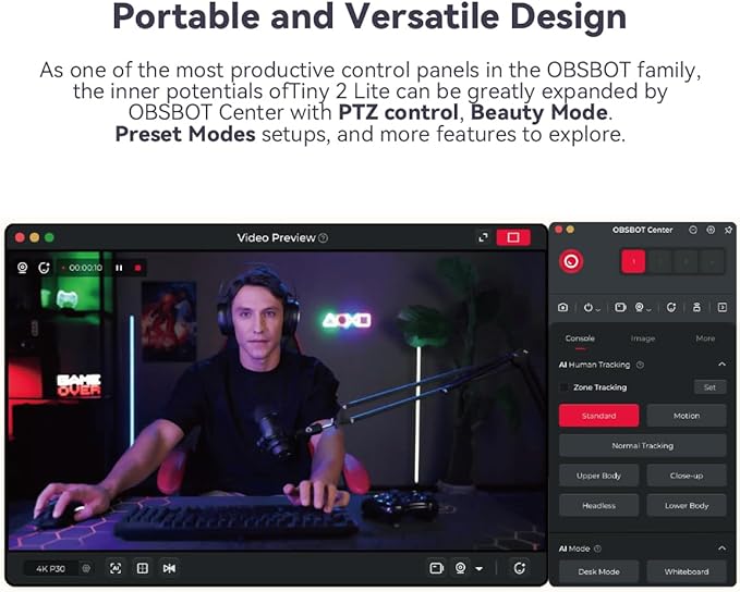 OBSBOT Tiny 2 Lite PTZ 4K Webcam 1080p@60fps HDR with AI Tracking Privacy Cover Microphone 1/2 Sensor USB2.0 Plug&ampPlay for Conferencing Live Streaming Compatible with Skype/YouTube/Team