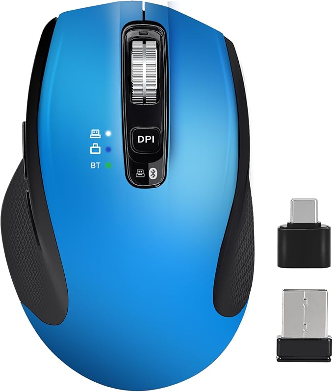 Wireless Mouse with Bluetooth USB A USB C Receiver Rechargeable Full Size Mouse Ergonomic Silent for MacBook/Laptop/Computer/PC/iPad-Blue