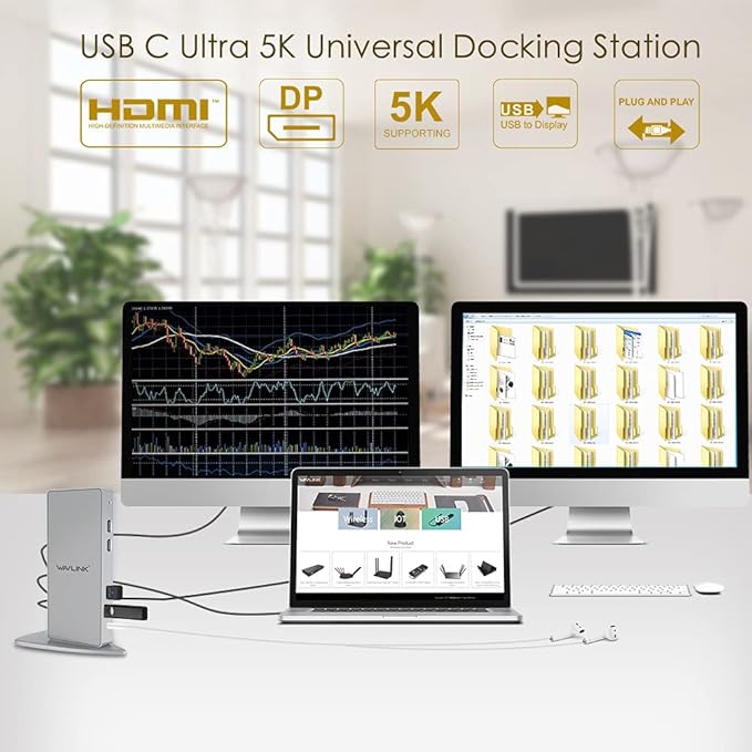 WAVLINK USB 3.0 Dual 5K/4K@60Hz Laptop Docking Station for Thunderbolt 4/3 USB-C/A Windows MacOS ChromeOS Ubuntu 20.0422.0 (2X HDMI 2X Display Port LAN 6 USB 3.0 Audio)