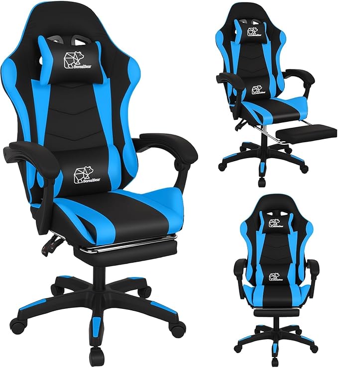 BorealBear Gaming Chair Office Chair Reclining High-Back PU Leather Computer Desk Chair with Headrest and Lumbar Support Suitable for Gaming Chairs Office Storage Office Shelving and More（Blue）