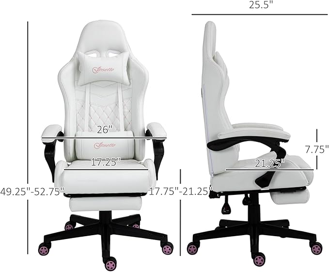 Gaming Chair Ergonomic PU Leather Office Chair High Back Swivel Recliner with Footrest Lumbar Support Adjustable Height 360° Rotation (White)