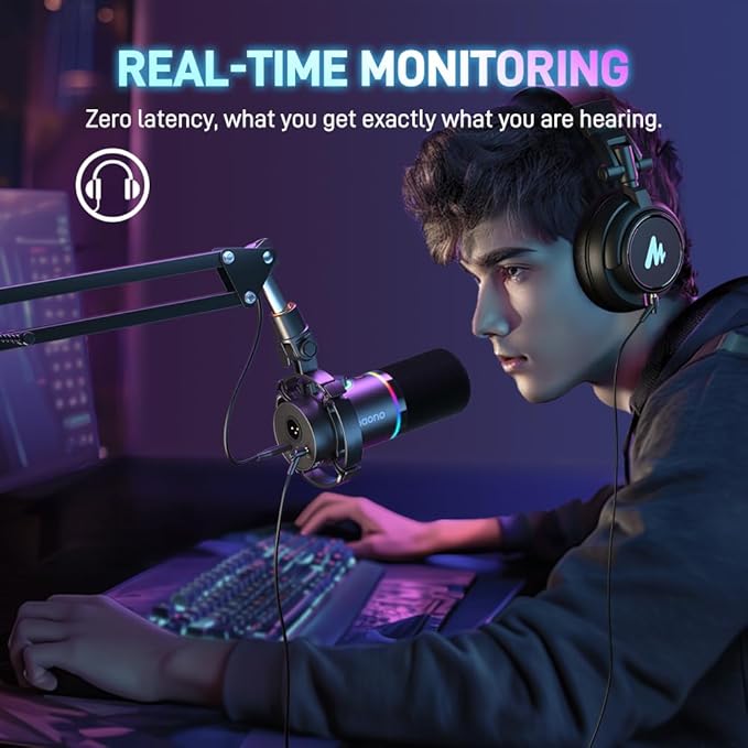 MAONO XLR/USB Dynamic Microphone RGB Gaming Mic with Software Mute Gain Knob Volume Control and Headphone Jack for Streaming Podcasting Recording-PD200X (Black)