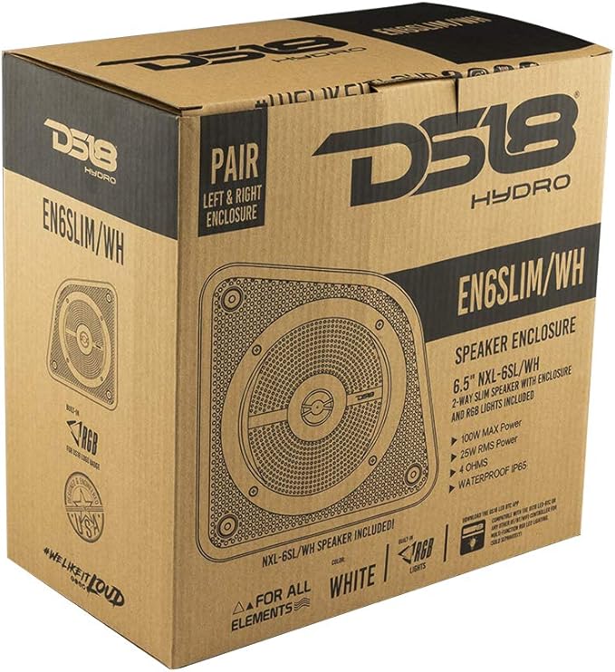 DS18 EN6SLIM/WH 6.5” 2-Way Universal Slim Loaded Speaker Enclosure Integrated RGB LED Lighting - for All Elements UTV ATV &amp Jeeps Shallow Enclosure with Marine Water Resistant Speakers Pair