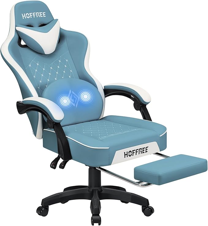 HOFFREE Gaming Chair Computer Chair with Pocket Spring Cushion Massage Game Chair with Footrest Ergonomic High Back Computer Gaming Chairs for Adults Adjustable Swivel Gamer Chair Stone Blue and White