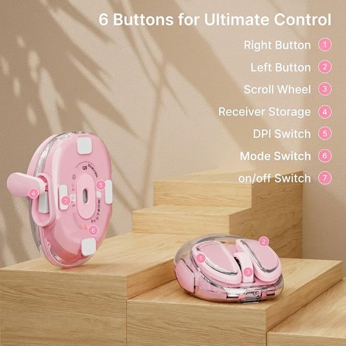 EWEADN Q9 Wireless Clear Mouse Dual Mode Bluetooth &amp 2.4G USB Computer Mouse with RGB Lighting Silent Clicks Multi-Device Compatibility for Laptop PC MacBook iPad Cute Mouse-Pink