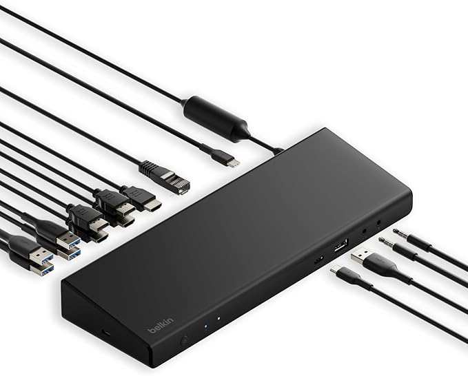 Belkin 15-in-1 Universal Triple Display DisplayLink Docking Station Hub w/ 3 HDMI Ports 2 DisplayPorts for Triple 4K Display w/ 85W PD 3.5mm Mic/Speaker 1 USB-C &amp 5 USB-A Ports Black