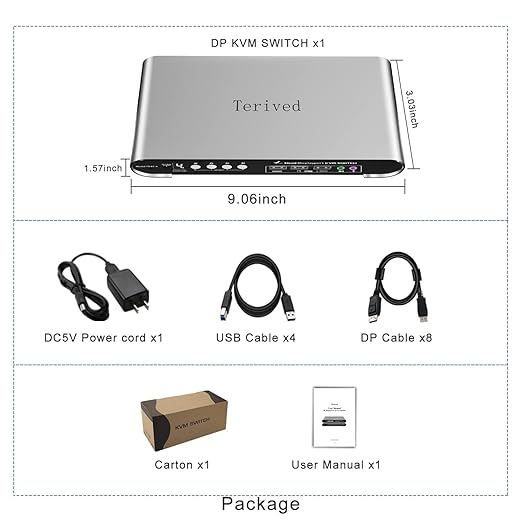 4 Computers 2 DP Monitors Automatic KVM Switch 8K@30Hz 4K@144Hz 4 Port DP USB 3.0 Dual Monitor Aluminum hotkey Audio Microphone Digital Display HDR10 with Cables