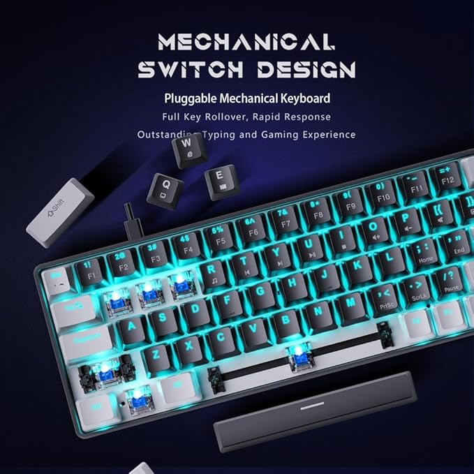 abucow 65% Mechanical Gaming KeyboardBlue Switch Wired Compact Keyboard with Blue Backlight Swappable Gray Black Keycaps for Windows/Mac
