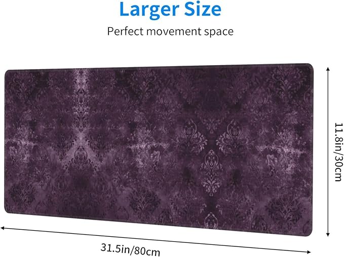 Eggplant Velvet Damask Plum Purple Floral Large Mouse Pad 31.5x12 Inch Gaming Desk Mat XXL Non-Slip Rubber Base Computer Pad with Durable Stitched Edges for Work and Play