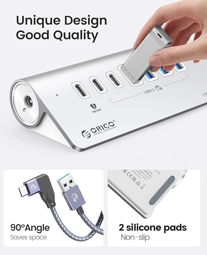 ORICO 7 Port USB Hub 10Gbps Aluminum USB 3.2 Gen 2 Hub 6 USB 3.2 Data Ports 1 PD 60W Ports 24V 3A Power Adapter 3.28Ft A to C Cable USB Data Hub for Laptop