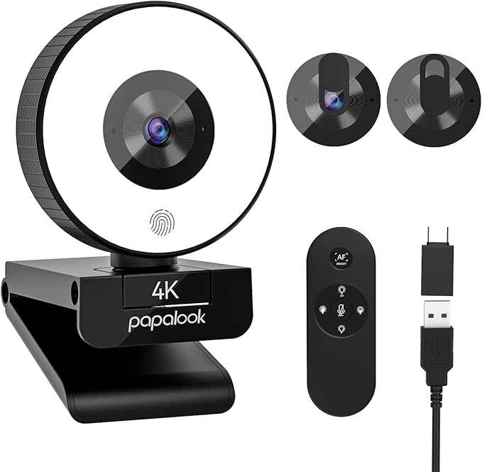 papalook 4K Autofocus Webcam with Light UHD Web Camera with Remote Control and Dual Noise-Cancelling Mics Plug and Play USB Webcams for PC Laptop Zoom Skype Teams Google Meet
