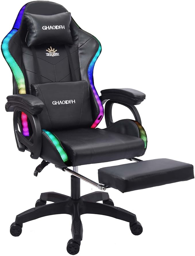 TBQATNTS Ergonomic Video Game Chair With MassageComputer Chair With Footrest And Lumbar SupportGaming Chair With SpeakersLed LightsSeven Point MassageAdjustable ArmrestFor Office Or GamingBlack