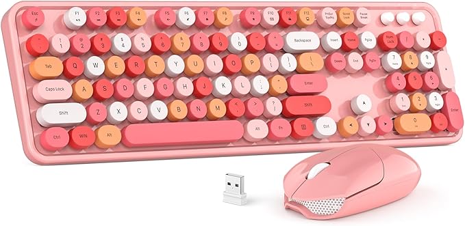 Wireless Keyboard and Mouse Combo MOWUX Colorful Computer Full Size 2.4G Plug and Play Wireless Typewriter Keyboard and Mouse Set for Windows Computer Desktop PC Notebook (Pink Colorful)