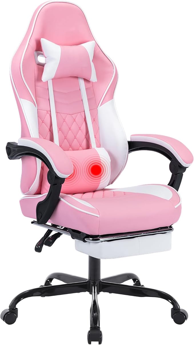 Gaming Chair with Footrest High Back Ergonomic Computer Chair Height Adjustable Game Chair with Headrest and Lumbar Support for Office or Gaming (Pink with Massage)