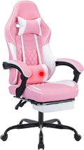 Gaming Chair with Massage Lumbar Support and Retractable Footrest Racing Style Ergonomic Design Features Adjustable Headrest and High Back Support for Extended Gaming Sessions (Pink)