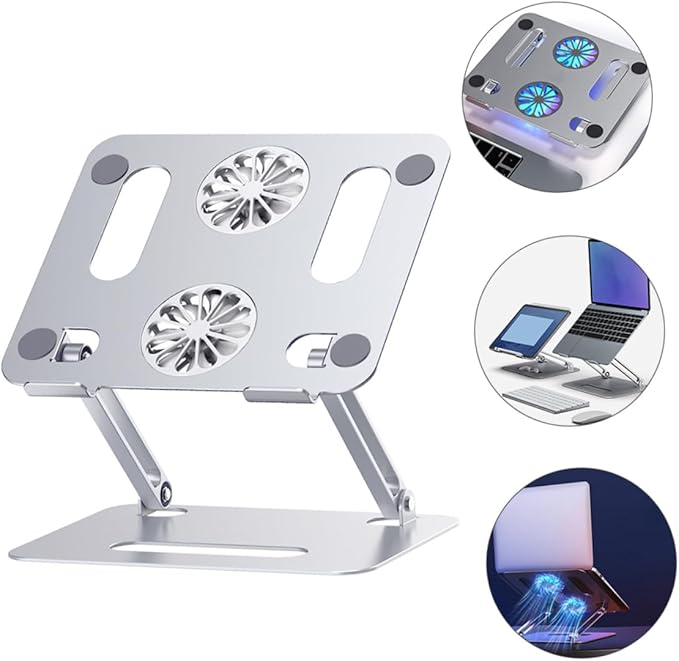 Homoyoyo Adjustable Aluminum Alloy Laptop Cooler Cooling Pad with Dual Fans Foldable Elevated Notebook Cooler for Gaming and Office Use Silver