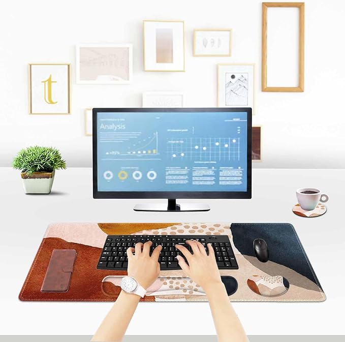 ToLuLu Extended Gaming Mouse Pad Memory Foam Ergonomic Keyboard Mouse Wrist Rest Support Set Large Desk Mat with Stitched Edges Non-Slip Base Mousepad for Home Office and Game Brown Boho Art