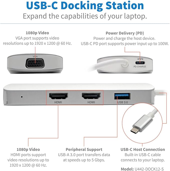 Tripp Lite USB-C Docking Station with Triple Display 4K @ 60 Hz HDMI DisplayPort VGA USB A 3.2 Gen 1 Gigabit Ethernet Port 100W PD Charging Quick Charge QC 3-Year Warranty (U442-DOCK12-S)