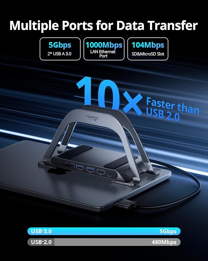4URPC MacBook Pro Docking Station Dual Monitor 4K@60Hz with 100W Power Adapter USB C Docking Station Vertical Stand for MacBook Pro/Air with 2 HDMI USB 3.0 SD&ampmicroSD Ethernet Audio