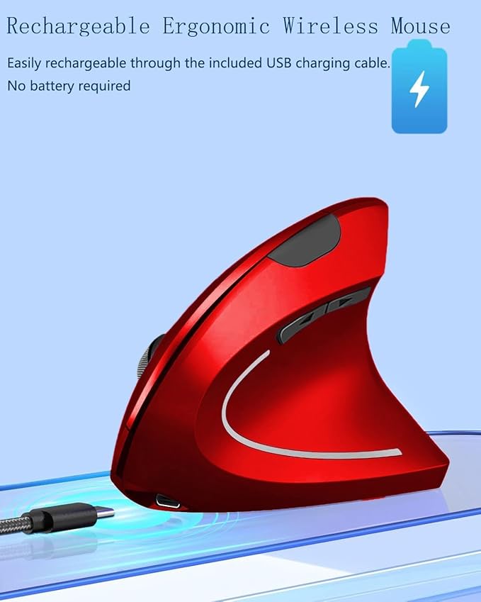 Ergonomic Mouse Vertical Wireless Mouse 2.4G Rechargeable Optical Vertical Mouse High Precision Optical Mouse Adjustable800/1200/1600 DPI 6 Buttons for Laptop etc RedSpecially for Right-handers