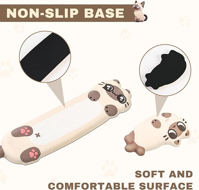 Keyboard Wrist Rest and Mouse Pad Set Wrist Rest for Keyboard and MouseWrist Support for KeyboardNon-Slip Base Memory Foam Wrist Pad for Gaming Home OfficePain Relief(Cute CatOff-White)