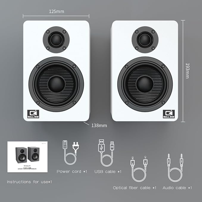 Harmony H2 60W Desktop Speakers with DSP Bluetooth 5.3 24-Bit Optical USB-C AUX Silk-Dome Tweeter Carbon-Fiber Woofer for Computer PC Monitor Gaming (White)