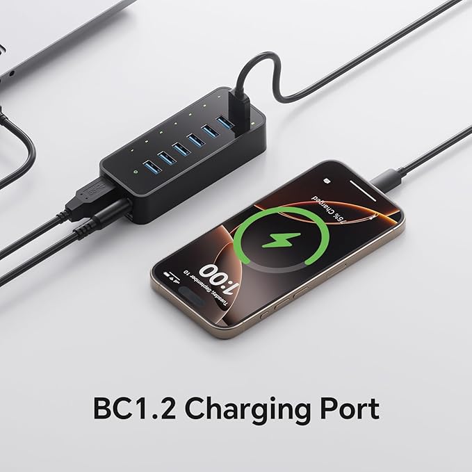USB 3.0 Hub 7Ports USB Hub with 1BC1.2 Ports Multi USB Data Hub Compatible with Mac Laptops Desktop All USB Devices Mobile and HDD USB 3.0 Splitter (36W Adapter Included)