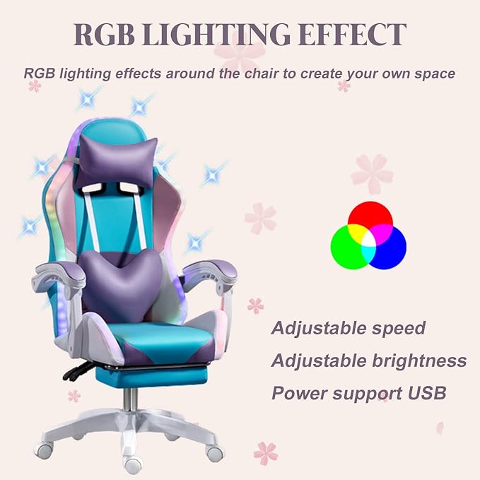 XOOFMASS RGB LED Gaming Chair for Adults Ergonomic Video Game Chair with Speakers Lumbar Support Office Chair Reclining Computer Chair with Footrest PU Leather Chair with Adjustable BackrestPink
